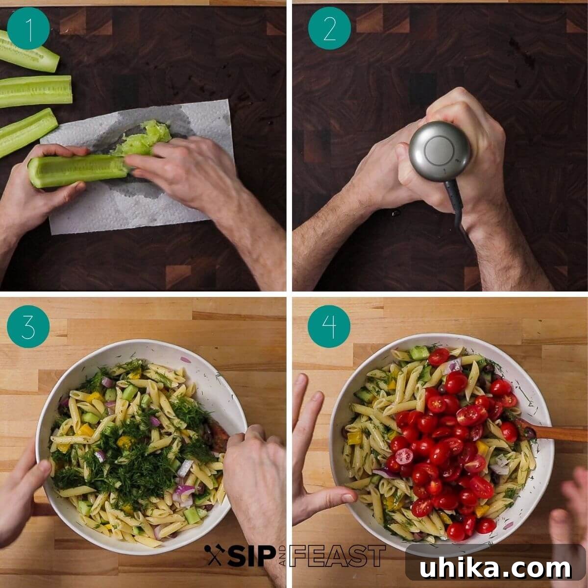 Vibrant Mediterranean Pasta Salad 4 Greek pasta salad recipe process shot collage, showing steps from preparation to mixing.