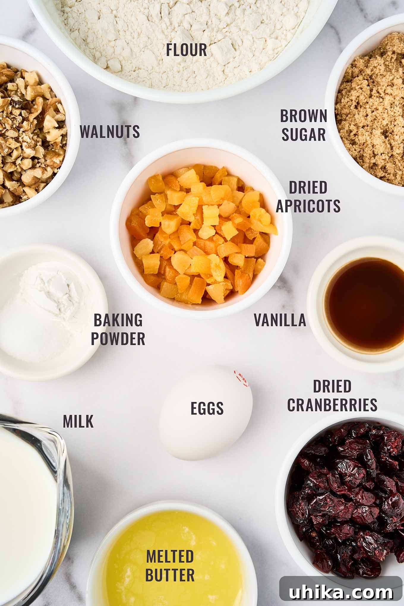 Sun-Kissed Apricot Cranberry Loaf 3 A labeled, overhead view of the ingredients for apricot quick bread, including flour, brown sugar, dried apricots and cranberries, walnuts, baking powder, milk, eggs, vanilla, and melted butter.