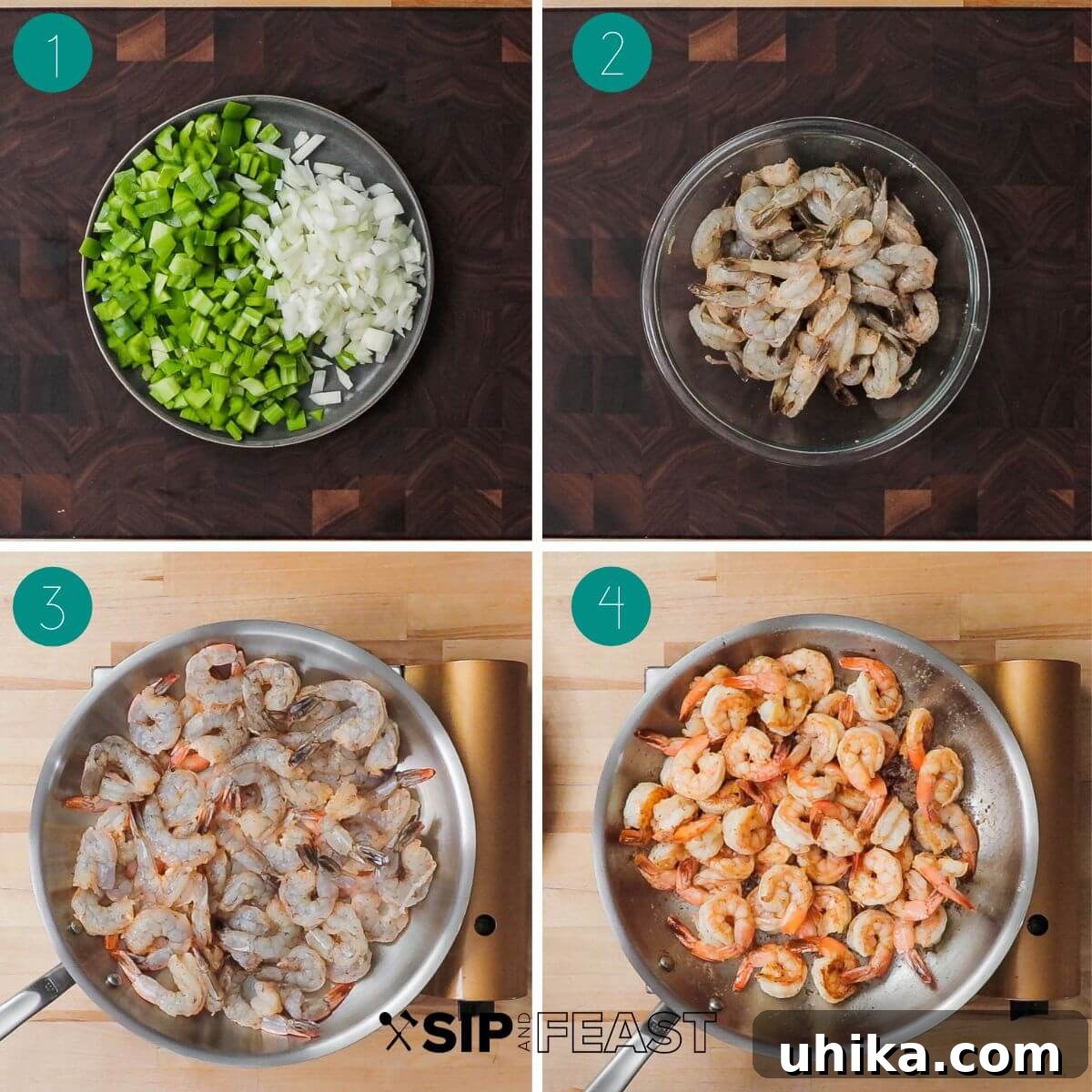 Bayou Shrimp and Sausage Pasta 4 Cajun shrimp and sausage pasta recipe process shot collage group number one showing diced trinity, shrimp brining, raw shrimp in pan and cooked shrimp stages.