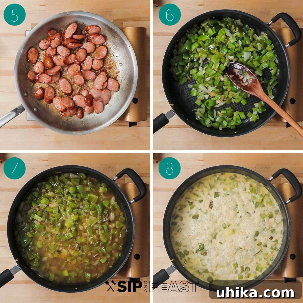 Bayou Shrimp and Sausage Pasta 5 Recipe process shot collage group number two showing andouille sausage cooking in pan, vegetables sautéing in pan, chicken stock added to pan, and cream added to pan for sauce development.