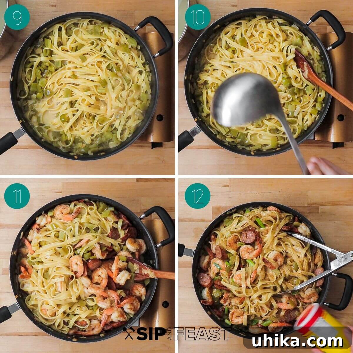 Bayou Shrimp and Sausage Pasta 6 Recipe process shot collage group number three with pasta integrating into the sauce, pasta water being added for moisture, seared shrimp and sausage added, and Cajun seasoning sprinkled at the end.