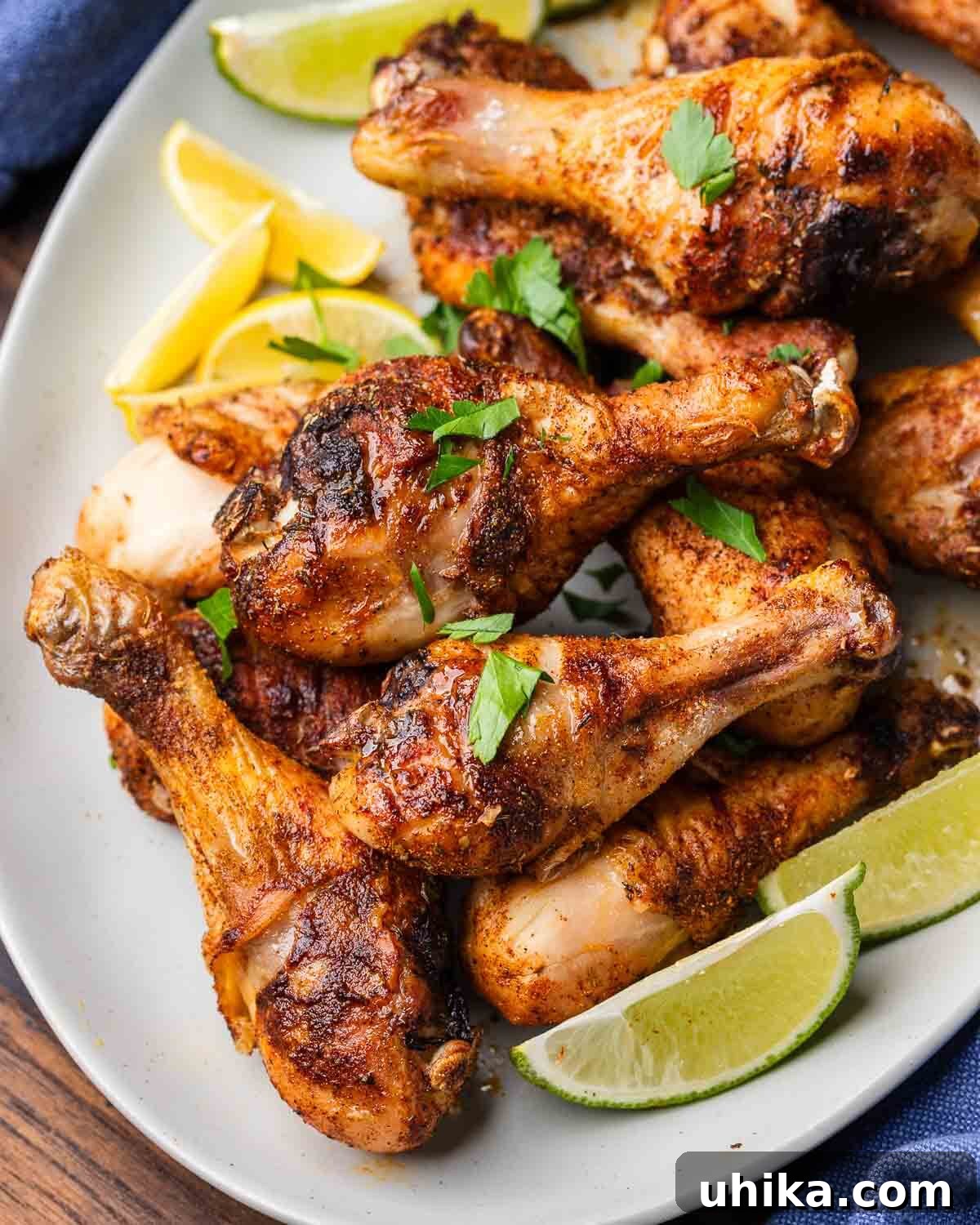 Effortless Cajun Roasted Drumsticks 2 Platter with baked chicken legs, garnished with fresh herbs, showcasing crispy skin.