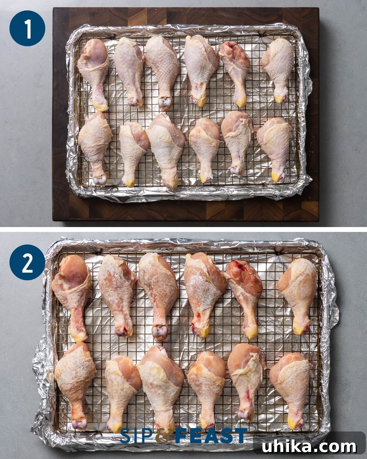 Effortless Cajun Roasted Drumsticks 4 Baked Cajun chicken legs recipe collage group one showing chicken legs on wire rack lined with foil, prepared for brining.