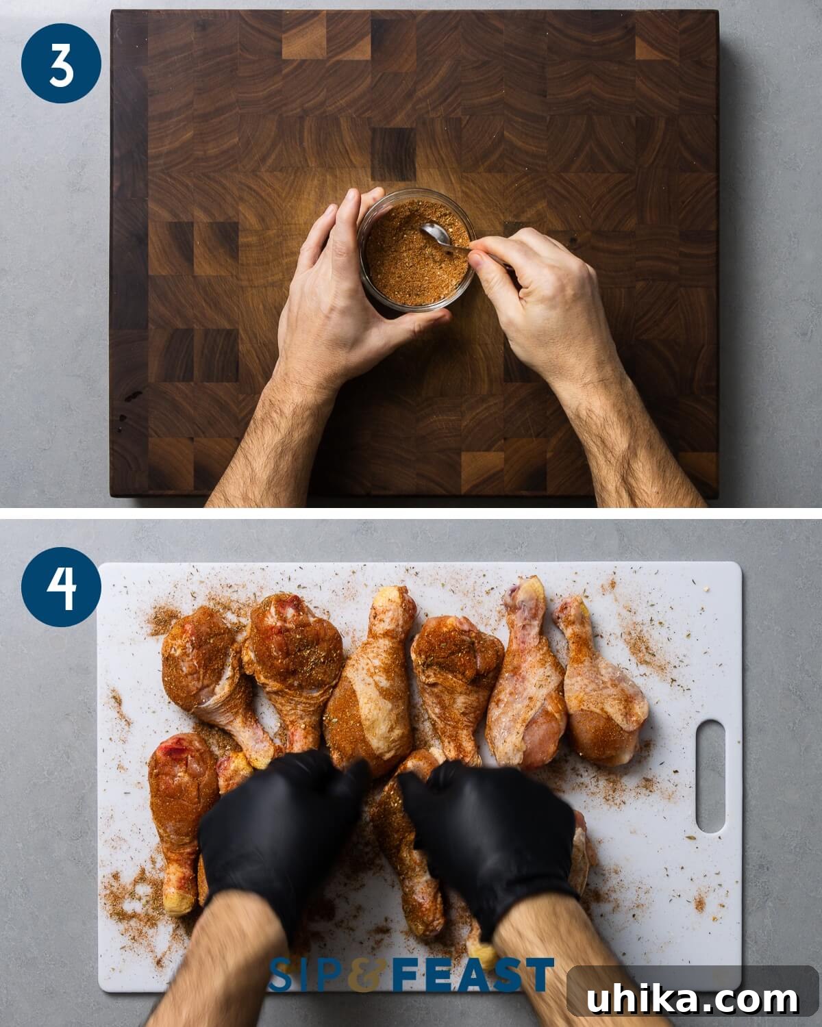 Effortless Cajun Roasted Drumsticks 5 Recipe collage two showing mixing of Cajun spice blend in a bowl and rubbing the spice into the chicken legs with gloves.