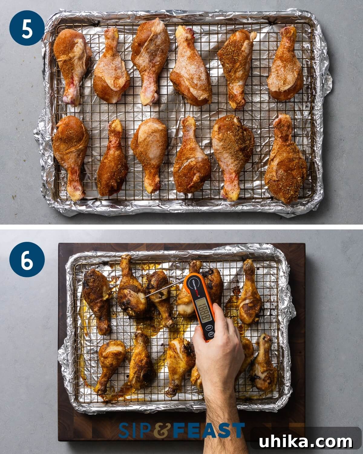 Effortless Cajun Roasted Drumsticks 6 Recipe collage three showing chicken legs on wire rack ready to bake, and cooked baked legs with an instant-read thermometer checking the internal temperature for doneness.