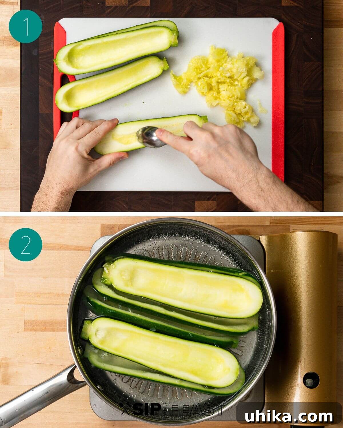 Sausage Stuffed Zucchini Bake 4 Sausage stuffed zucchini boats recipe process shot collage group number one.