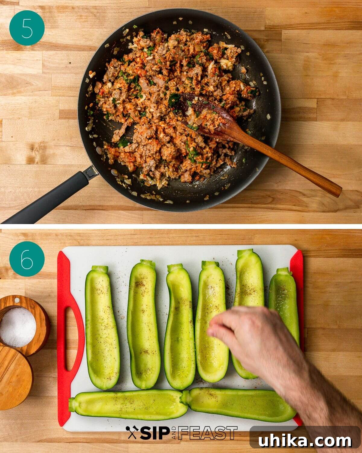 Sausage Stuffed Zucchini Bake 6 Recipe process shot collage group number three.