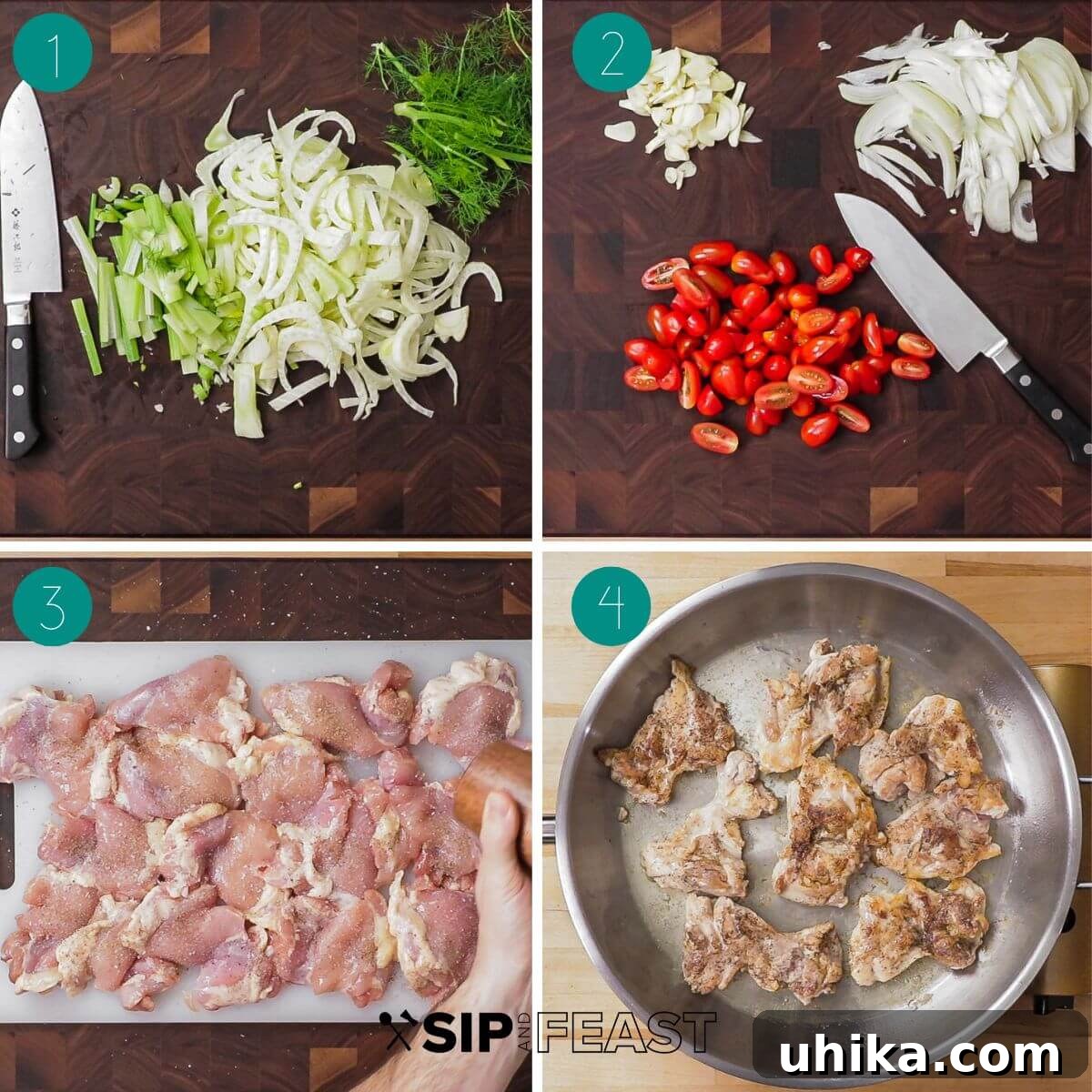 Golden Chicken Thighs with Roasted Fennel and Burst Tomatoes 5 Process collage showing ingredients prep: sliced fennel and fronds, sliced onion and garlic, and halved cherry tomatoes.