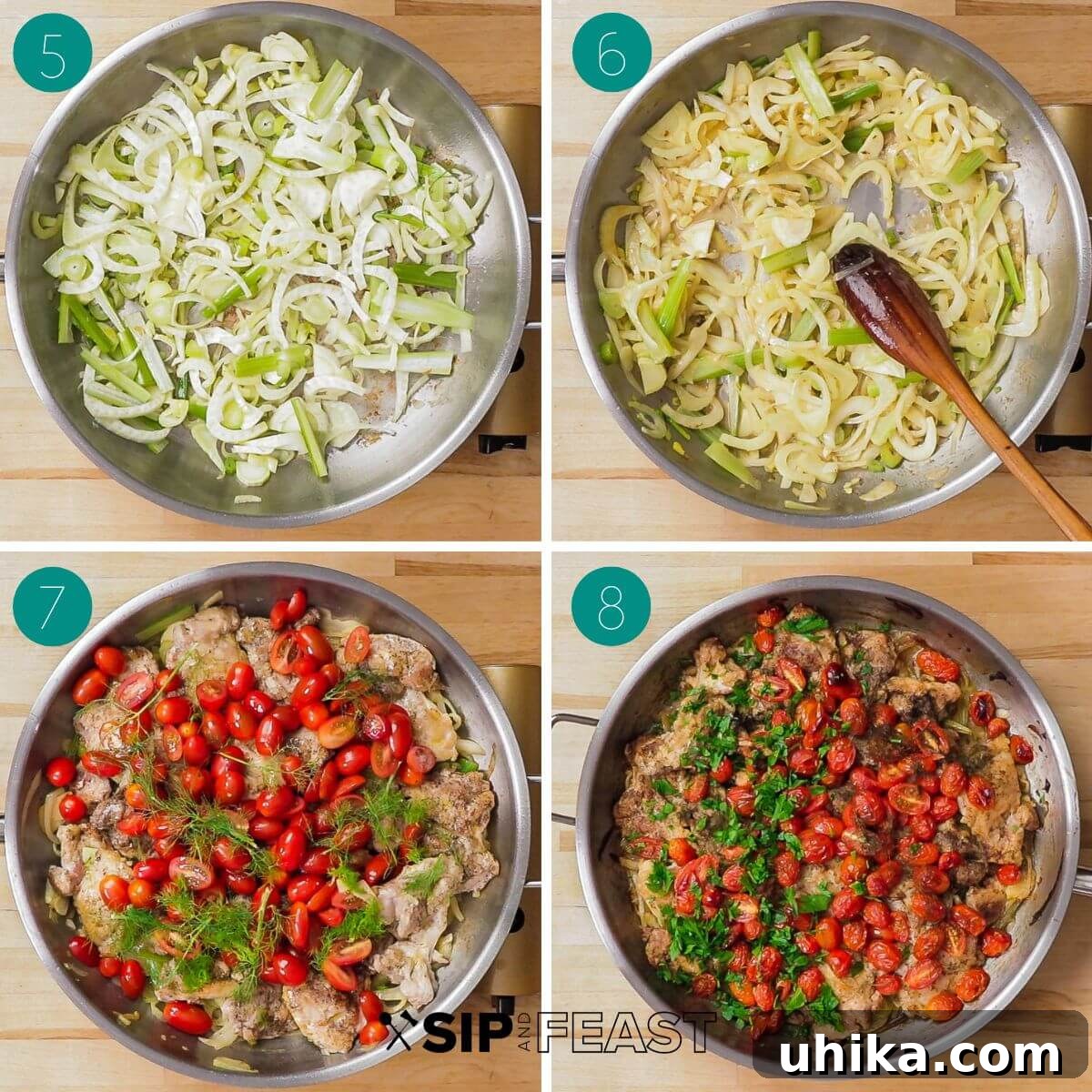 Golden Chicken Thighs with Roasted Fennel and Burst Tomatoes 6 Process collage showing cooking steps: searing chicken, sautéing fennel, deglazing with wine, and assembling chicken and tomatoes in the pan.
