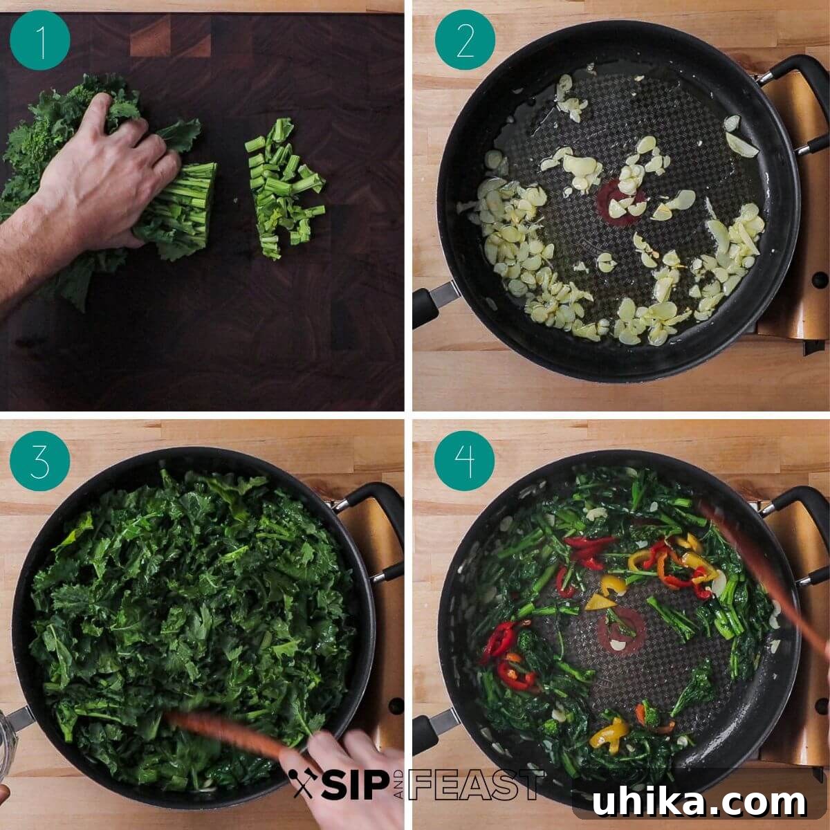 Pan-Seared Chicken with Garlicky Broccoli Rabe 4 Chicken and broccoli rabe recipe process shot collage group number one.