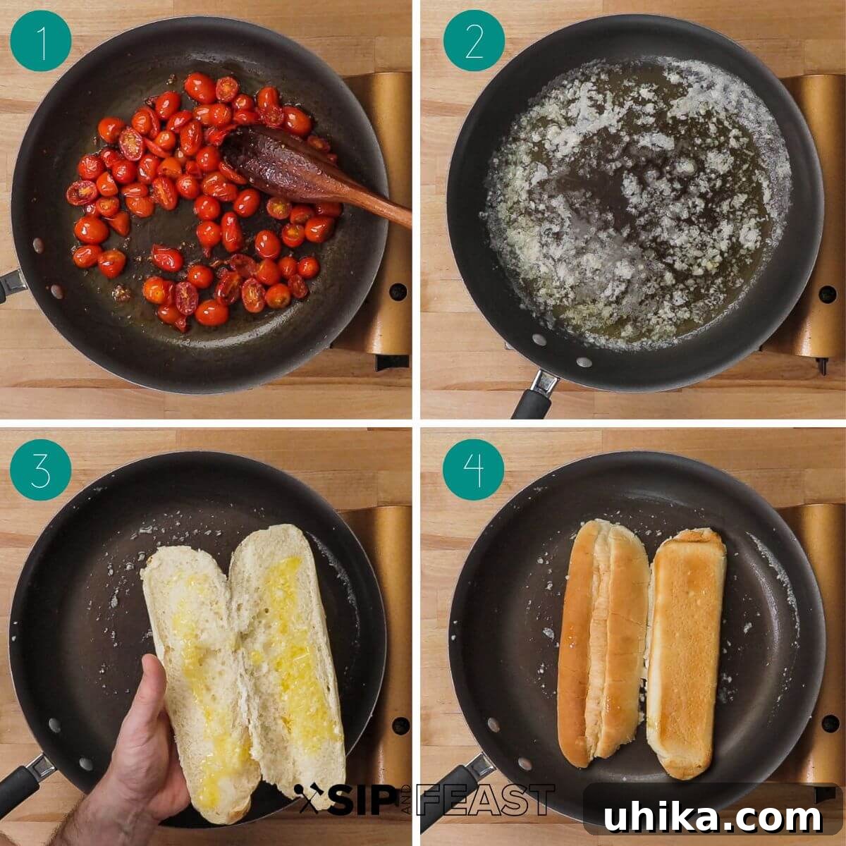 A collage of process shots showing shrimp being seasoned, tomatoes wilting, and garlic paste being prepared for the shrimp scampi rolls recipe.