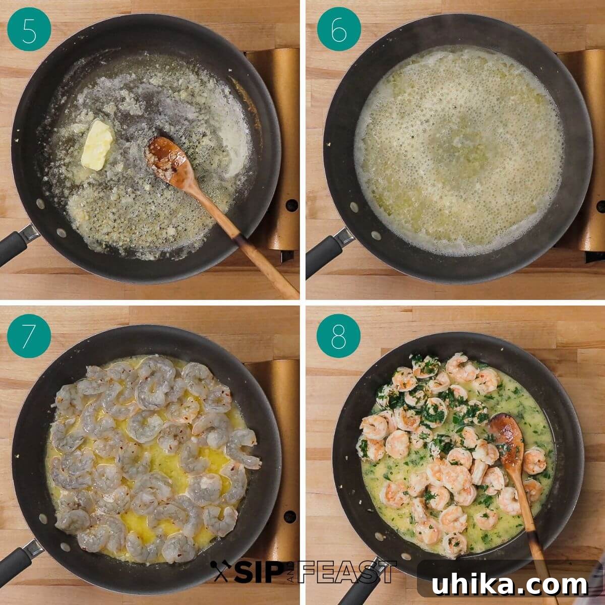 A second collage of process shots illustrating the cooking of shrimp scampi, including wine reduction, shrimp sautéing, and final seasoning with lemon and parsley.