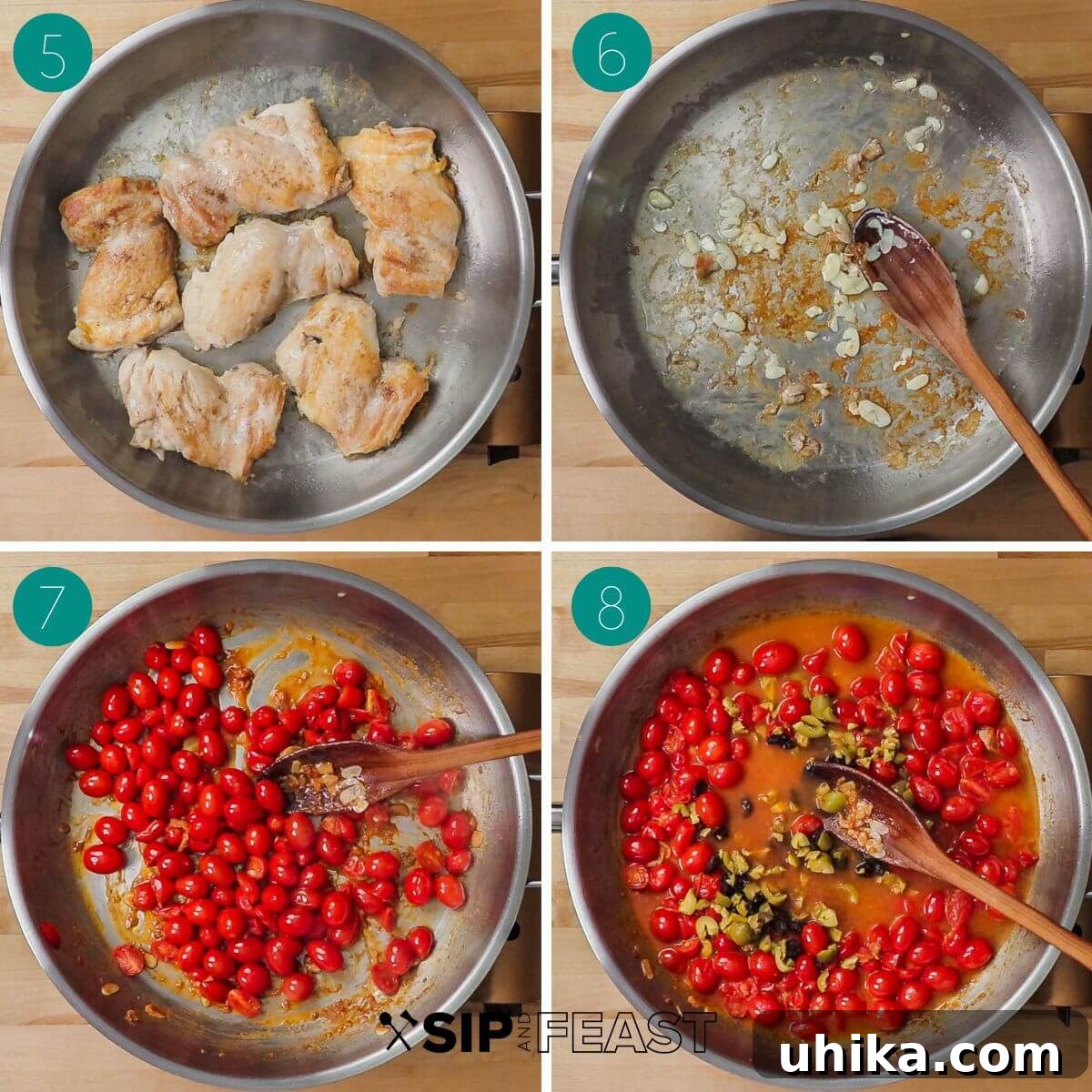 Sicilian Agrodolce Chicken 5 Collage of step-by-step photos showing chicken being seared in a pan and garlic sautéed with cherry tomatoes.