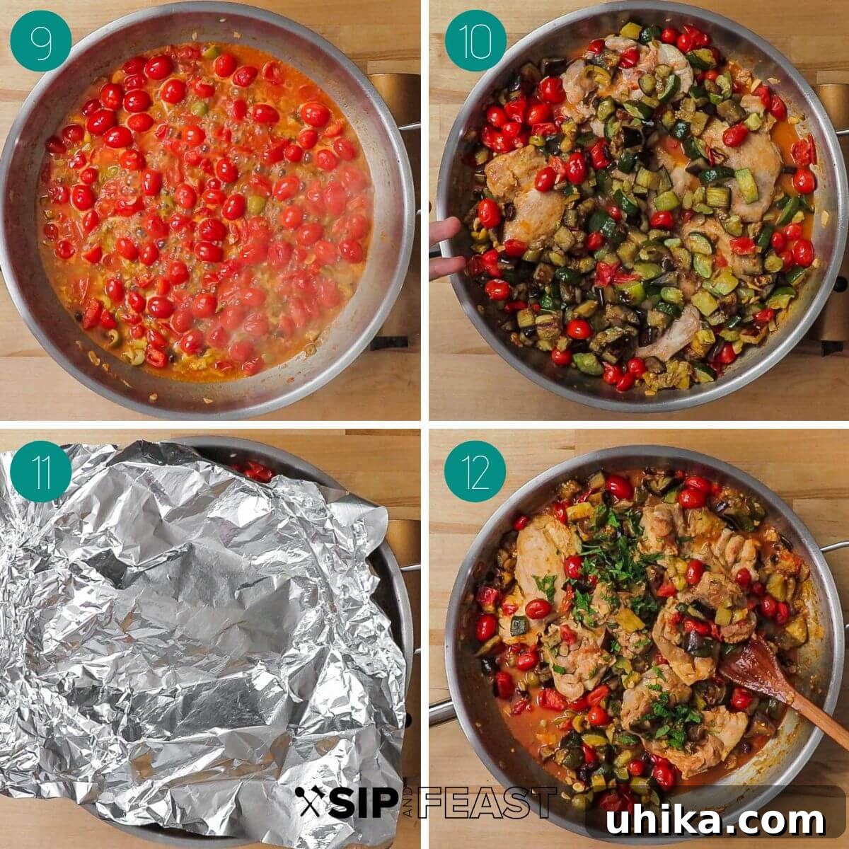 Sicilian Agrodolce Chicken 6 Collage of step-by-step photos showing chicken, roasted vegetables, and agrodolce sauce simmering in a pan.