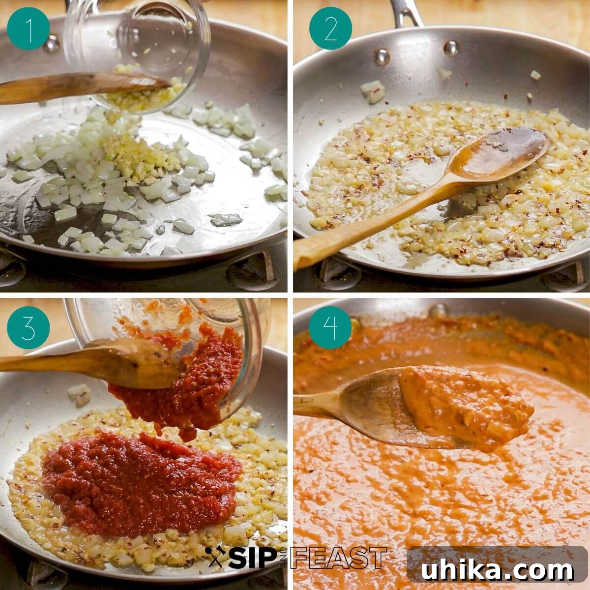 Rose Vodka Pizza 4 A step-by-step visual guide showcasing the creation of the creamy and flavorful vodka sauce, from sautéing to simmering.