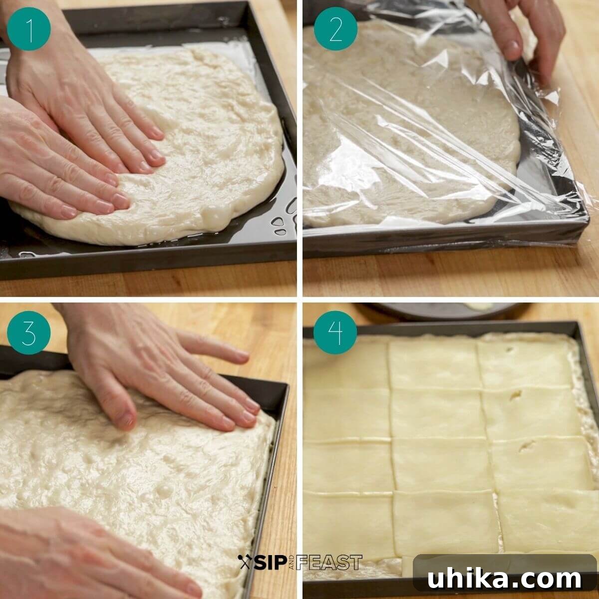 Rose Vodka Pizza 5 The initial steps of assembling a Vodka Sauce Grandma Pizza, including pressing dough into the pan and preparing the base.