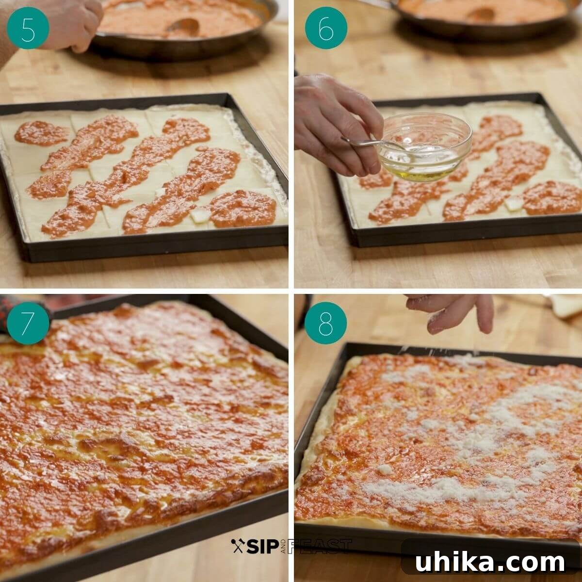 Rose Vodka Pizza 6 A collage of process shots showing the second stage of preparing a Vodka Sauce Grandma Pizza, including sauce application and final touches before baking.