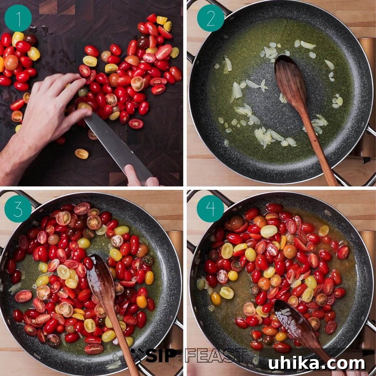 Quick & Fresh Caprese Pasta 4 Caprese pasta recipe process shot collage group one showing tomatoes and garlic.
