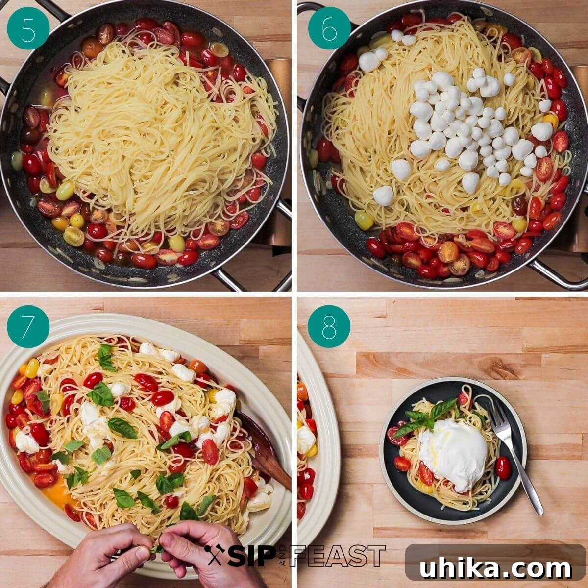 Quick & Fresh Caprese Pasta 5 Recipe process shot collage group two showing mozzarella and basil added to pasta.