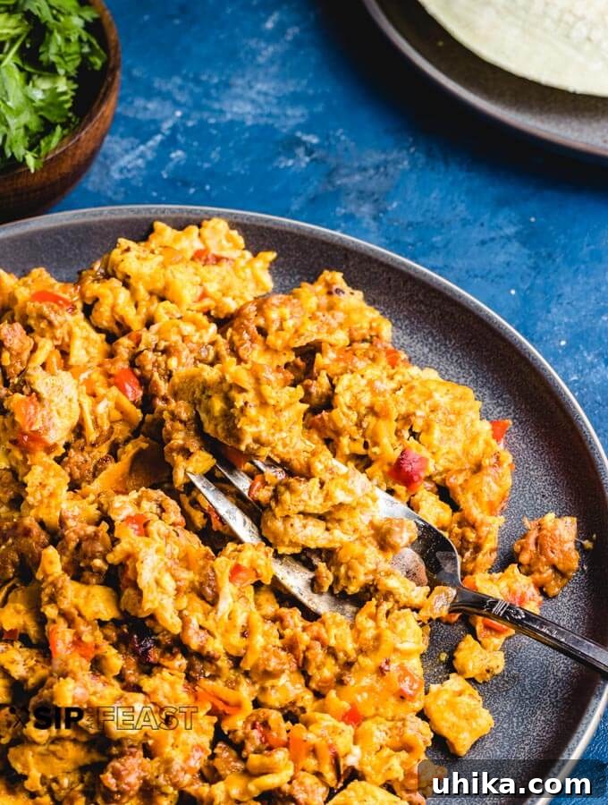 Chorizo and Eggs - sipandfeast.com #breakfastrecipes #eggrecipes #brunch #chorizo The plated chorizo and eggs.