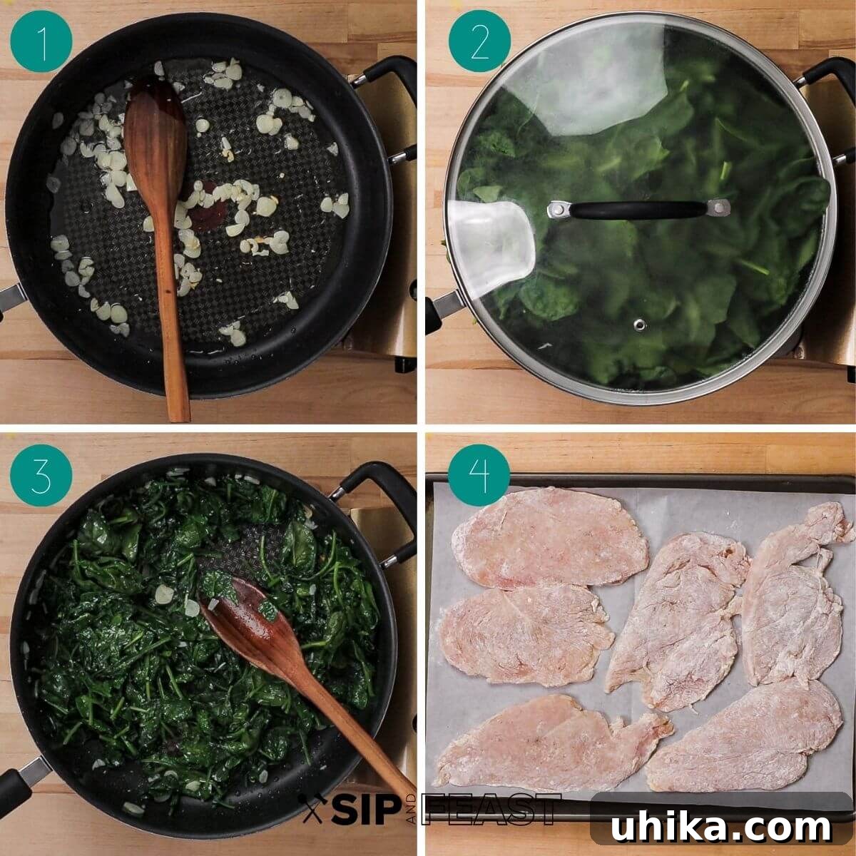 Creamy Tuscan Chicken 4 Collage of step-by-step images showing the preparation of garlic spinach for Chicken Florentine.