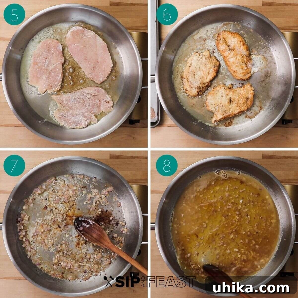 Creamy Tuscan Chicken 5 Collage of step-by-step images showing the preparation and searing of chicken cutlets for Chicken Florentine.