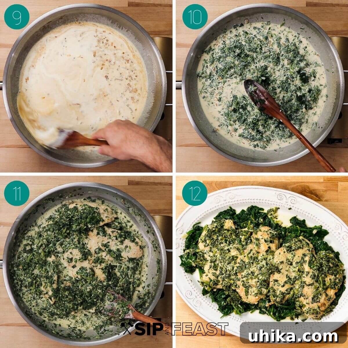 Creamy Tuscan Chicken 6 Collage of step-by-step images showing the creation of the creamy spinach sauce for Chicken Florentine.