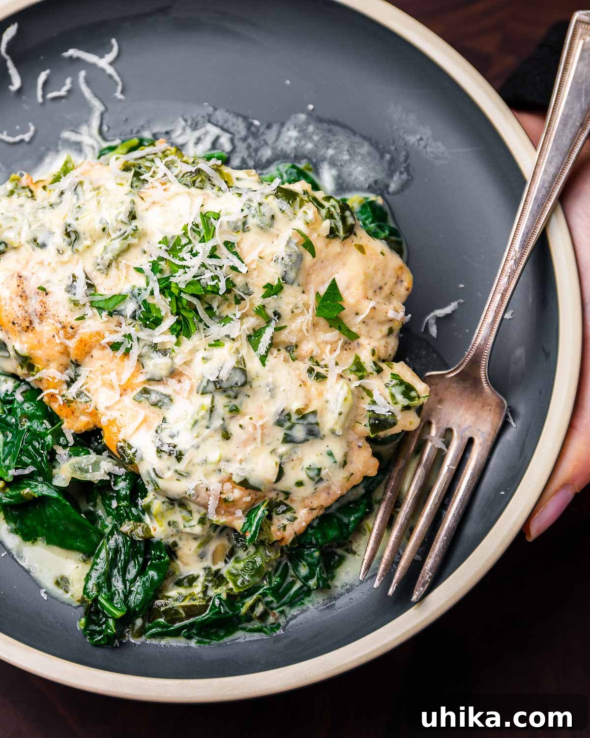 Creamy Tuscan Chicken 7 Hands holding a blue dish of Chicken Florentine, ready to be served.