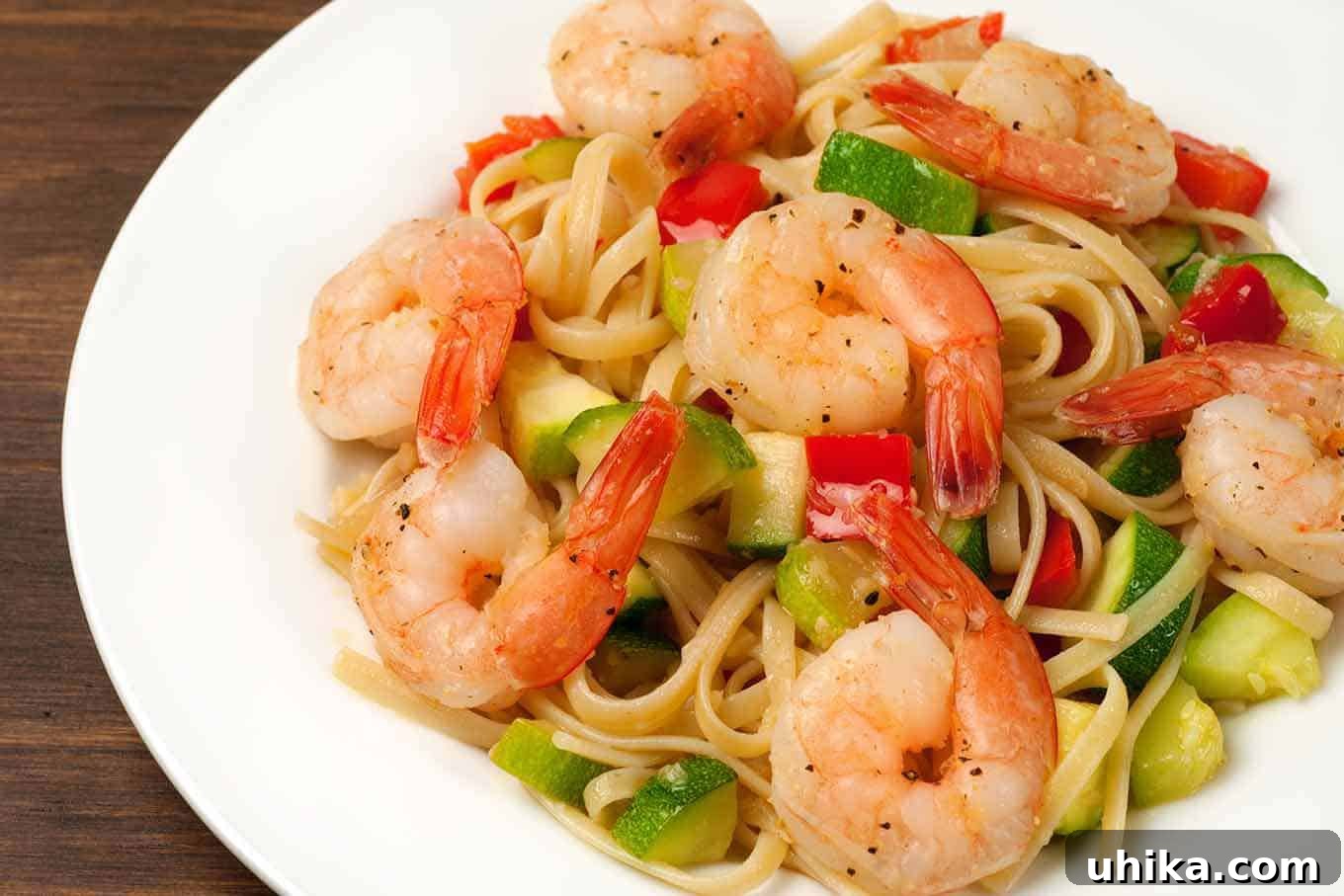 Karidesli ve Kabaklı Makarna Uyumu 3 An overhead view of a plate of linguine combined with sautéed shrimp, zucchini, and red bell pepper.