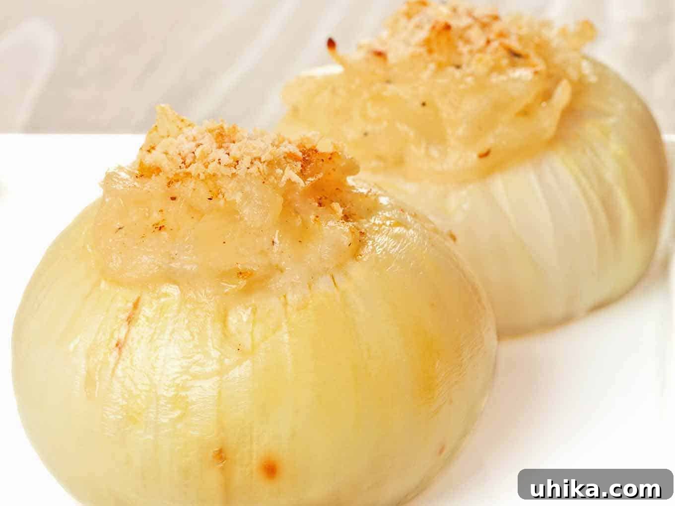 Savory Stuffed Vidalia Onions 2 A white plate with two baked stuffed Vidalia onions filled with a creamy, sautéed onion mixture and topped with golden breadcrumbs.