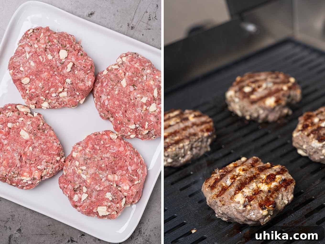 A split image displaying formed lamb burger patties ready for grilling on the left, and cooked burgers with prominent grill marks sizzling on a hot grill on the right, illustrating the before and after stages of cooking.
