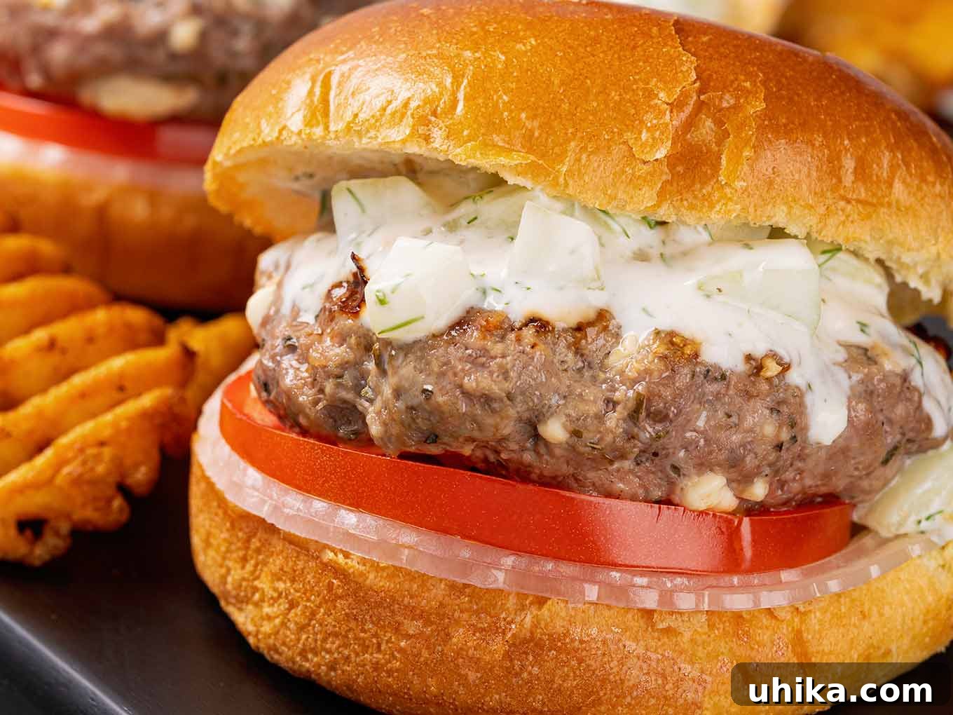A close-up view of a perfectly grilled lamb burger on a brioche roll, featuring melted feta chunks within the patty, thin slices of red onion and tomato, and a generous layer of creamy tzatziki sauce garnished with fresh herbs, ready to be enjoyed.