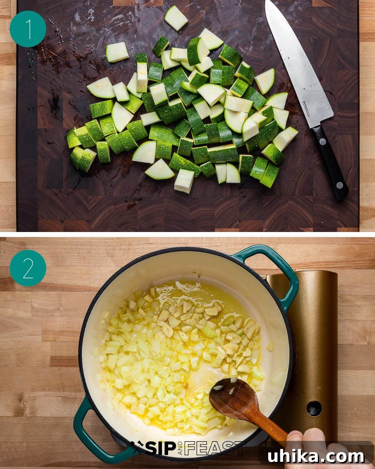 Nonna's Zucchini Soup 4 Collage of step-by-step cooking process for Italian zucchini soup, showing ingredients being prepped and sautéed.