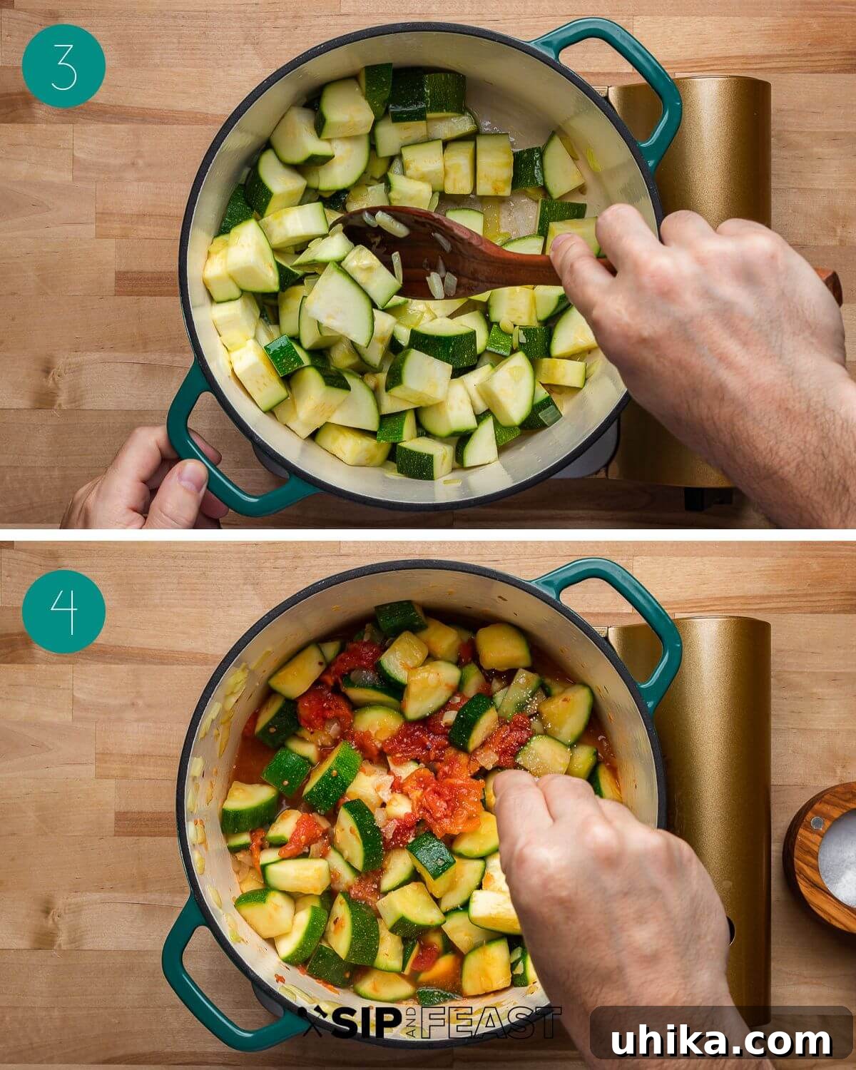 Nonna's Zucchini Soup 5 Collage of step-by-step cooking process for Italian zucchini soup, showing tomatoes and water being added.