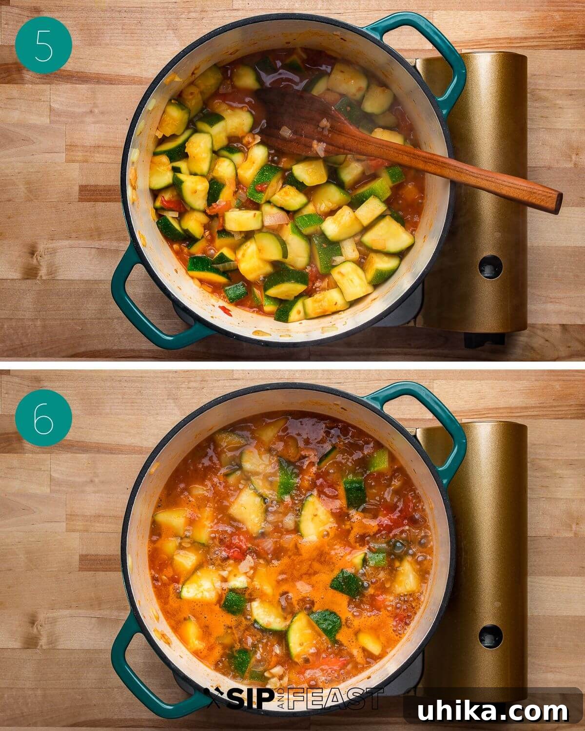 Nonna's Zucchini Soup 6 Collage of step-by-step cooking process for Italian zucchini soup, showing pasta being added.