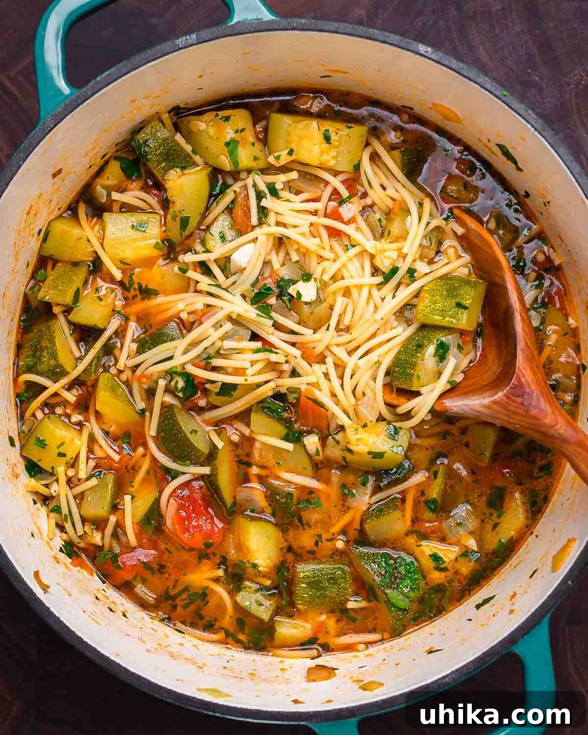 Nonna's Zucchini Soup 8 Italian zucchini soup in a Dutch oven, ready to be served.