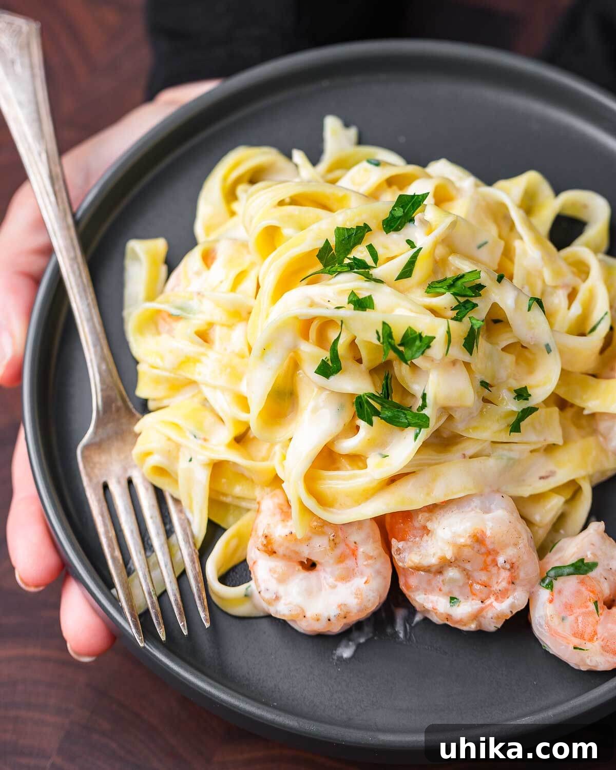Decadent Shrimp Alfredo Pasta 2 Hands holding a plate of creamy Shrimp Alfredo with fettuccine, shrimp, and parsley.