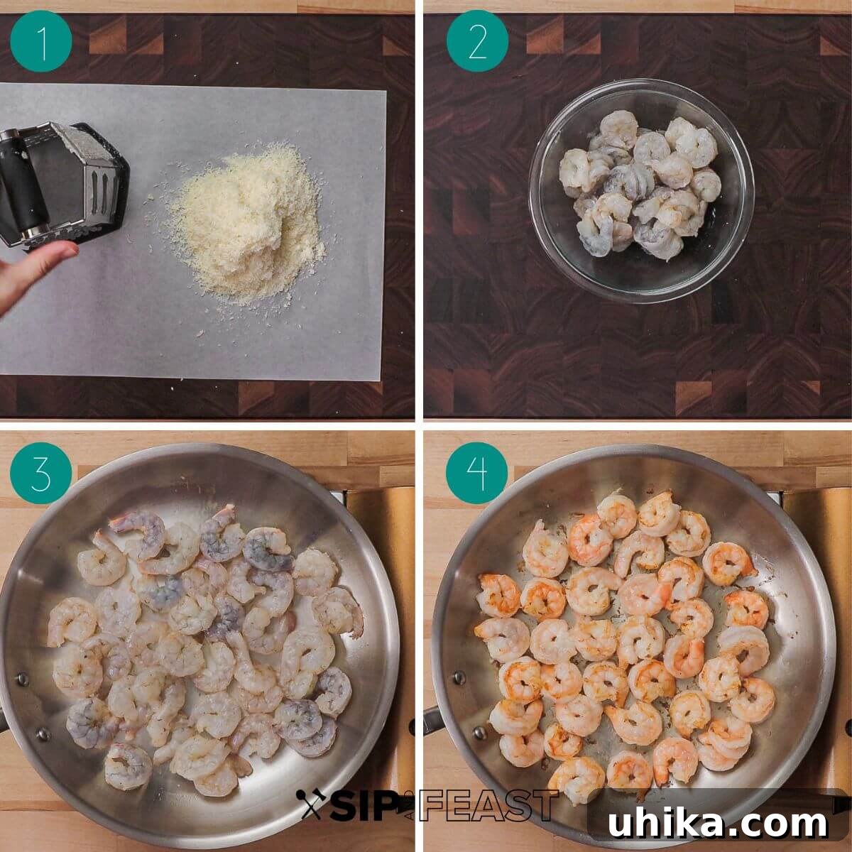 Decadent Shrimp Alfredo Pasta 5 Collage of initial steps for Shrimp Alfredo, showing garlic and parsley prep, and seasoned shrimp in a bowl.