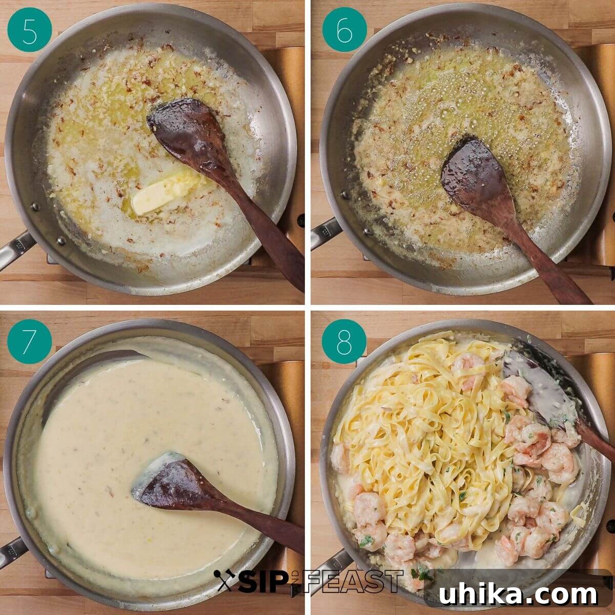 Decadent Shrimp Alfredo Pasta 6 Collage of steps showing butter and garlic in pan, then heavy cream and cheese added to create Alfredo sauce.