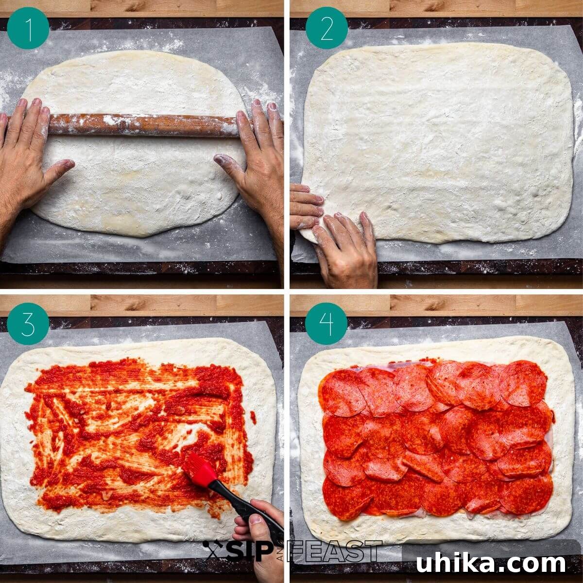 Mount Stromboli 4 Stromboli recipe process shot collage group one, showing dough being rolled and sauce being spread.