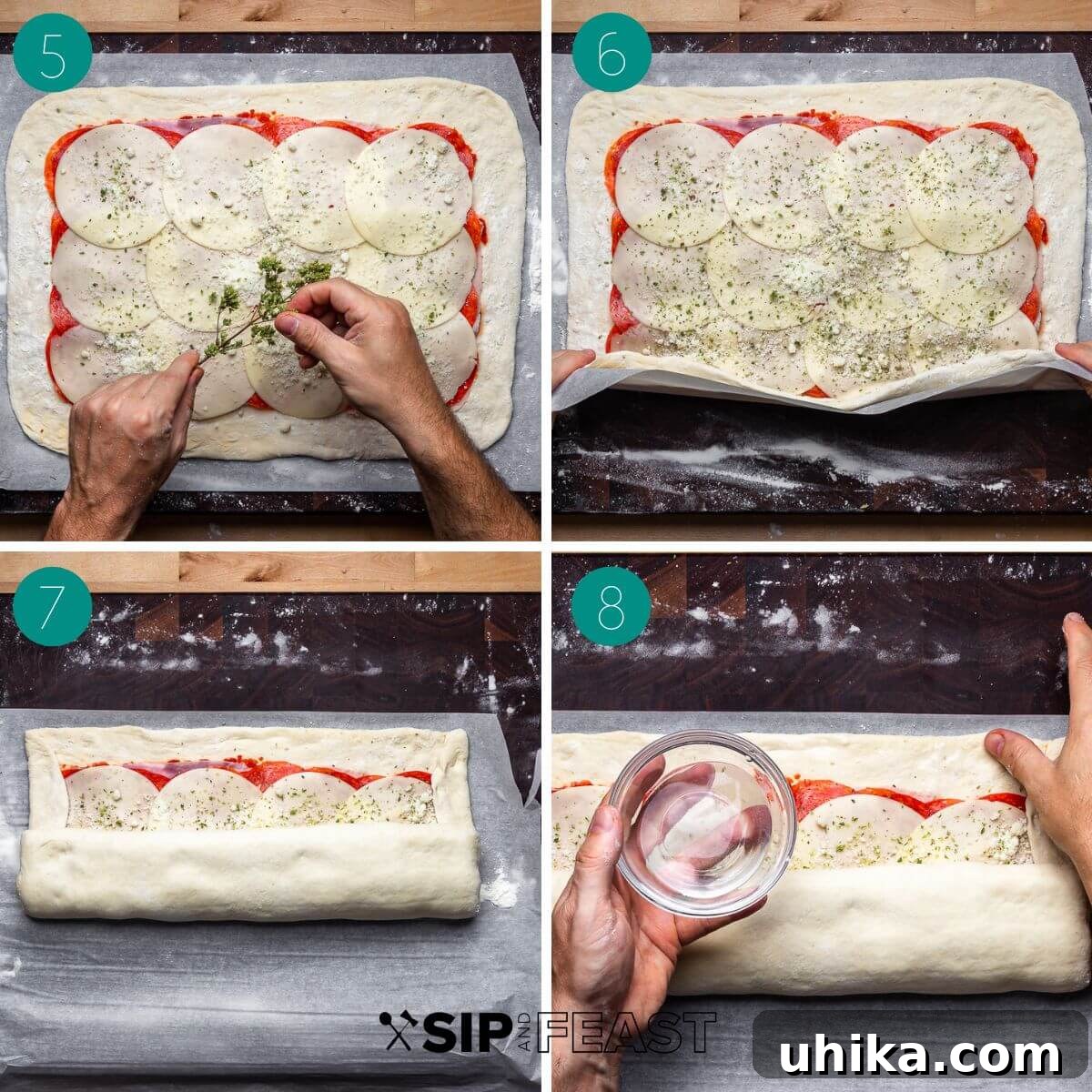 Mount Stromboli 5 Recipe process shot collage group two, showing the initial fold and tucking in the sides of the Stromboli.