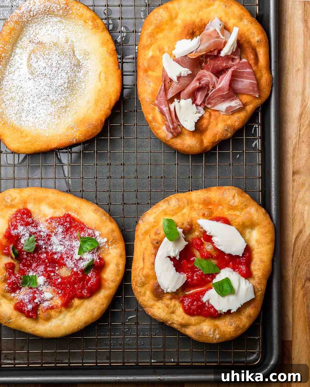 Golden Fried Pizza 9 4 different pizza fritta versions on wire rack.