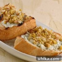 Close-up of Gorgonzola, Olive and Garlic Bruschetta