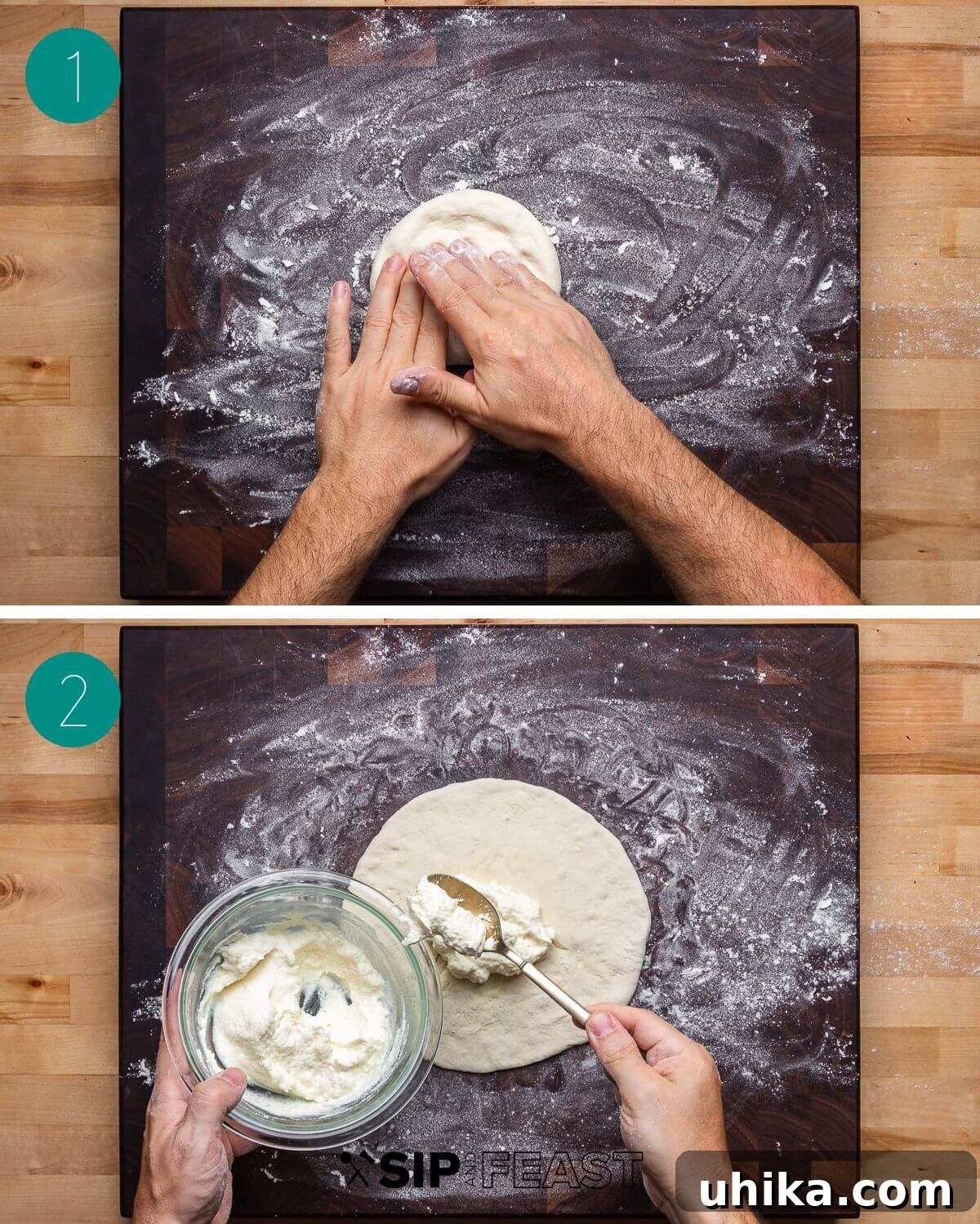 Calzone recipe process shot collage group number one, showing dough preparation and stretching.