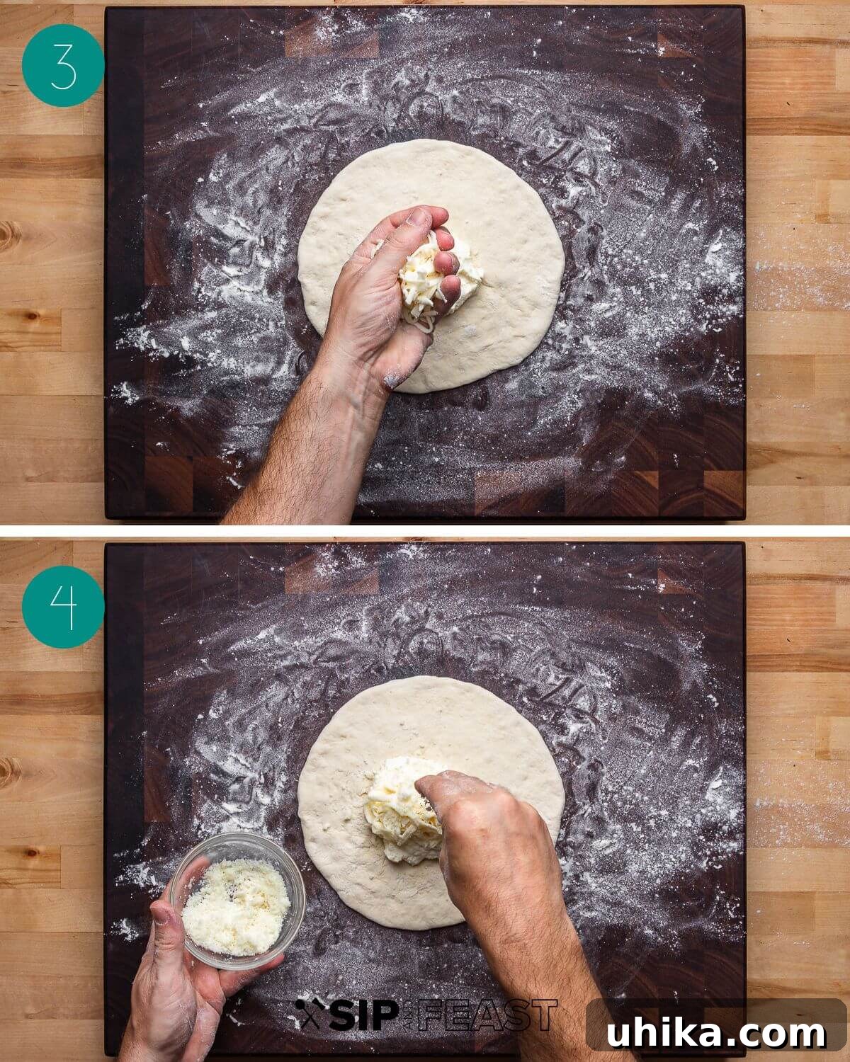 Recipe process shot collage group number two, illustrating the filling of the calzone with ricotta and mozzarella.