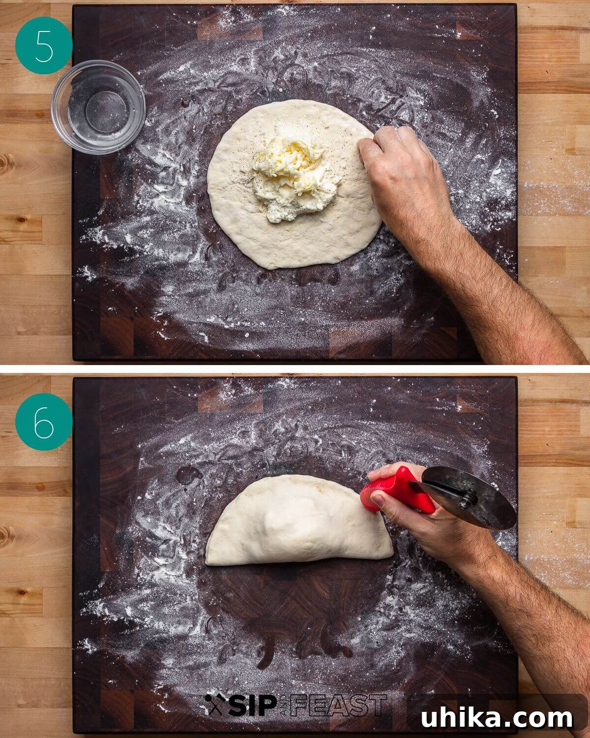 Recipe process shot collage group number three, showing the folding and sealing of the calzone into a half-moon shape.