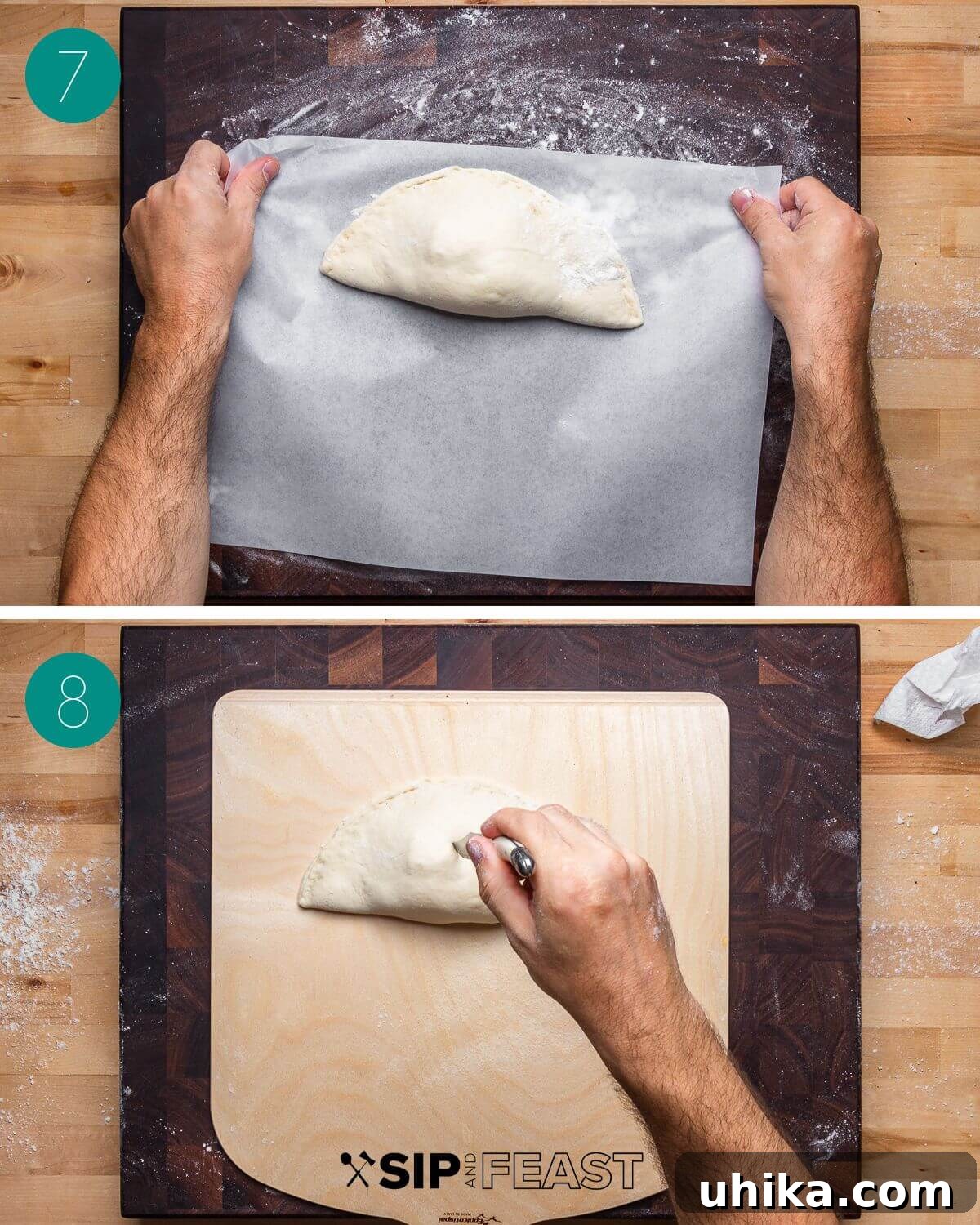 Recipe process shot collage group number four, demonstrating the crimping of the calzone edges and preparation on a pizza peel.
