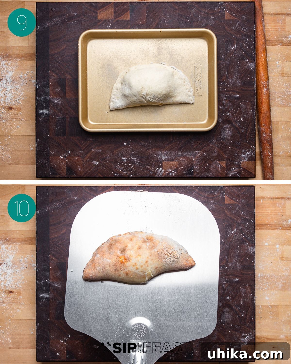 Recipe process shot collage group number five, showing calzones baking on both a pizza steel and a baking sheet.
