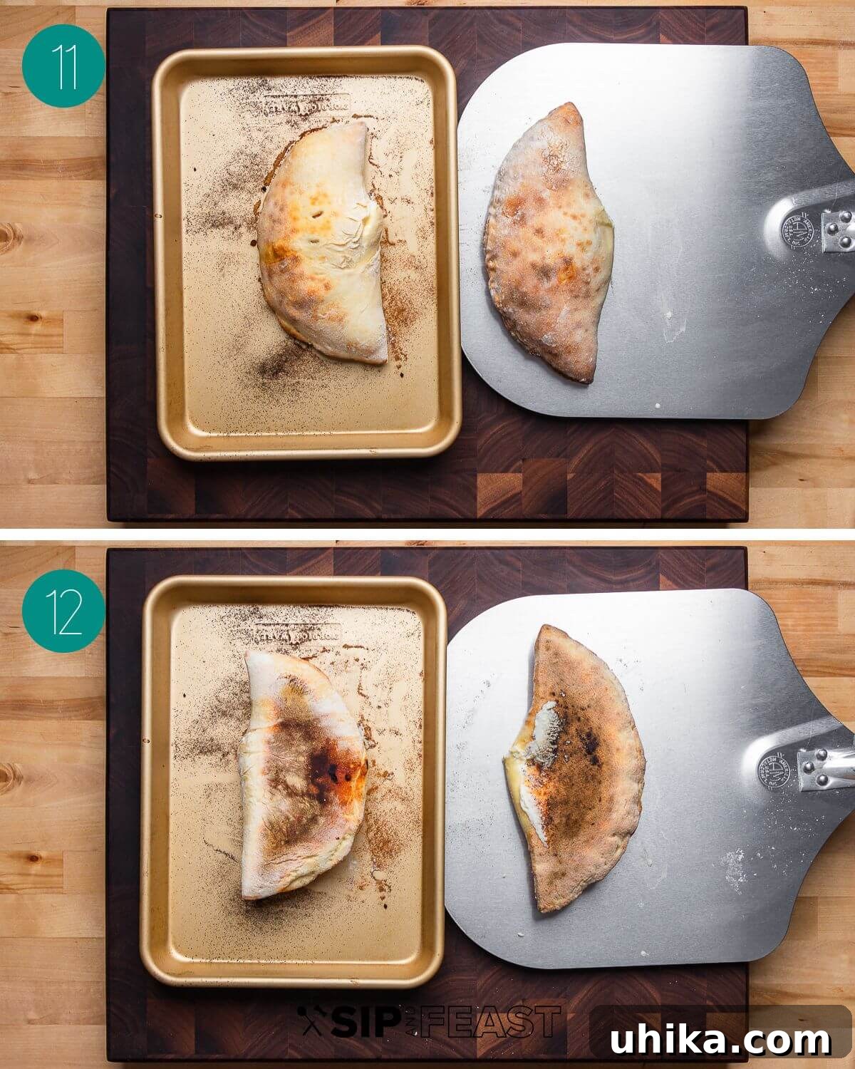 Recipe process shot collage group number six, comparing the top crust appearance of calzones baked on a steel versus a baking sheet.