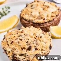 Elegant Crab Stuffed Portobello Caps 7 Crab-stuffed portobello mushrooms topped with melted cheese, lemon wedges and thyme sprigs as garnish, on a white plate, ready to serve.